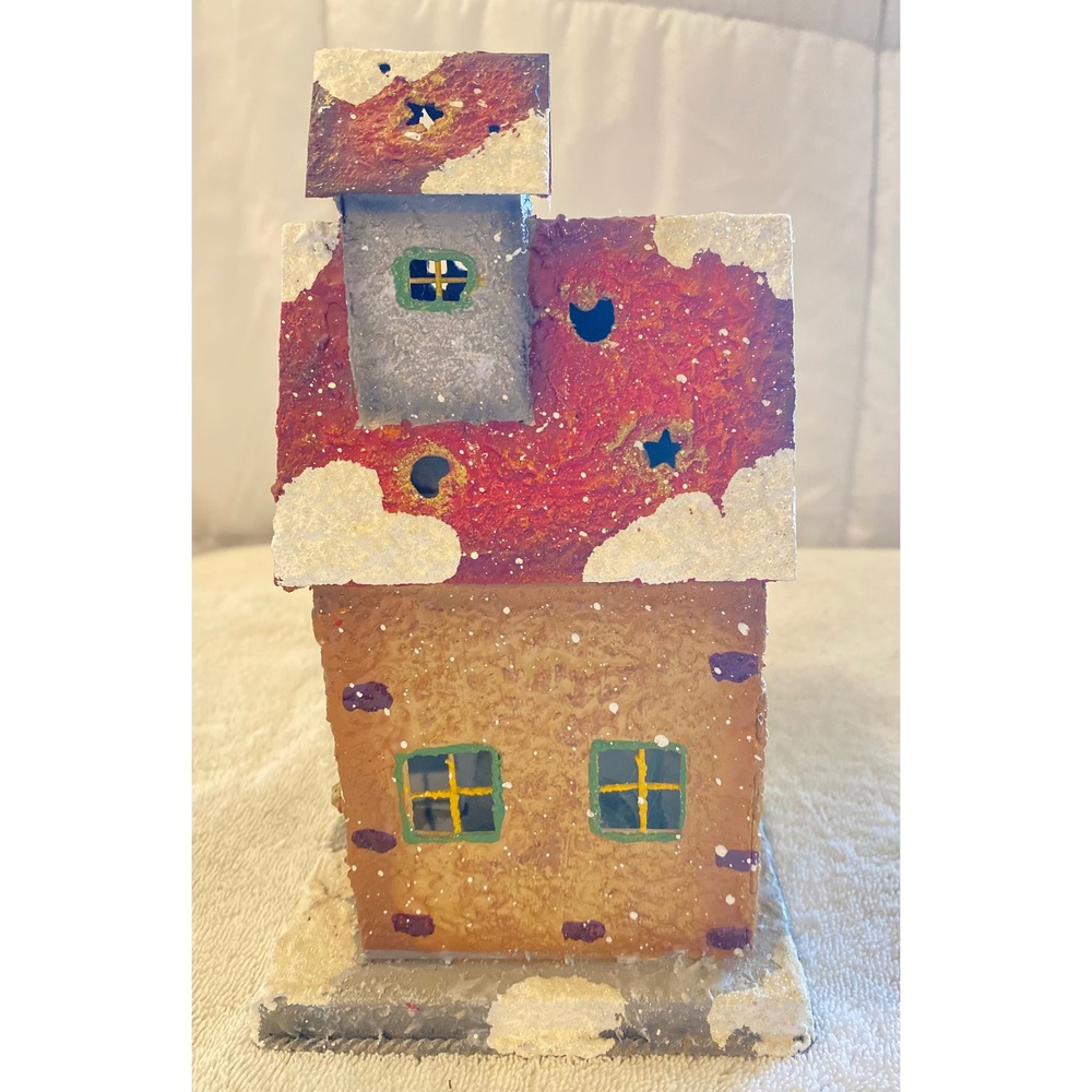 Vintage Tin Christmas House Votive Holder Snowman Winter Village Metal Luminary - Picture 3 of 7